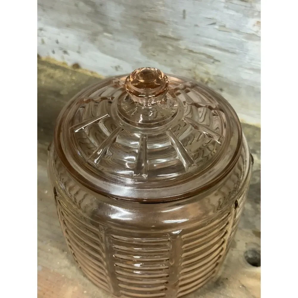 Vintage Anchor Hocking Pink Depression Glass MANHATTAN Pattern Cookie Candy Jar